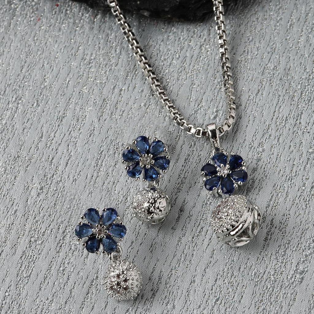 Rhodium-Plated Silver Toned Green Cubic Zirconia Studded Floral Shaped Cute Pendant with Earrings Jewellery Set