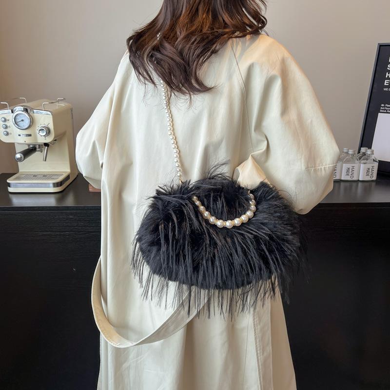 Hot Sale Retro Large Capacity Plush Women's Bag Pearl Chain Small Square Bag Fairy Wind Shoulder Crossbody Bag
