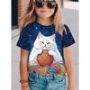 Летний топ с круглым вырезом и 3D-принтом кошки, модная повседневная футболка с коротким рукавом для детей, девочек