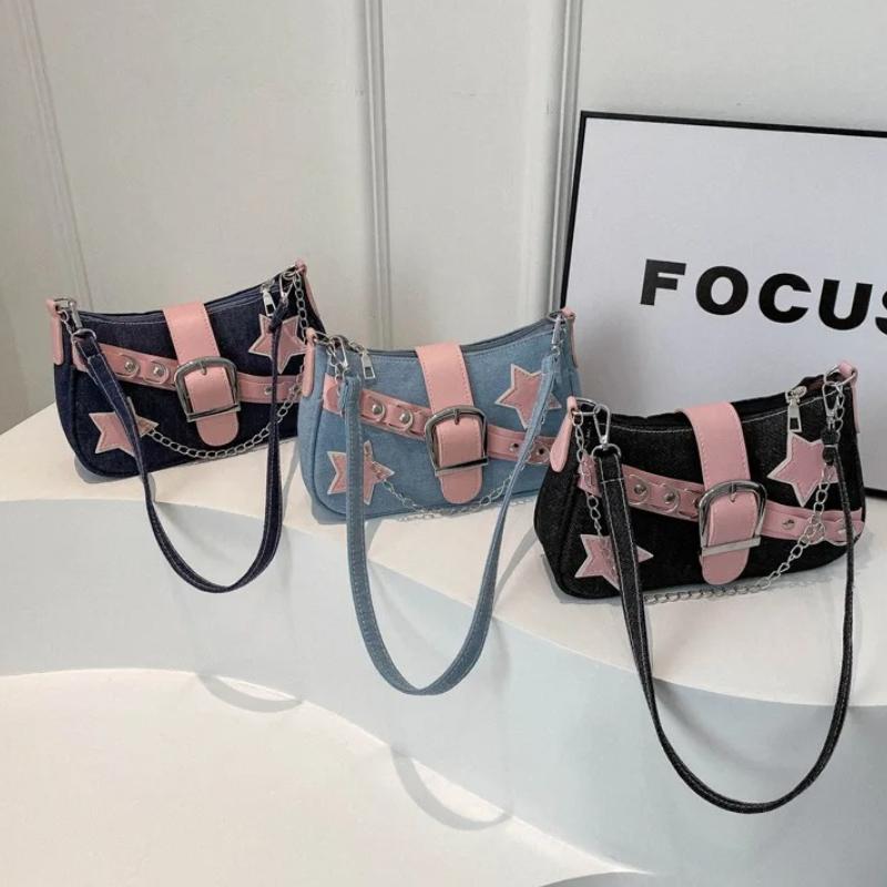 Y2k Cool Hot Girls Denim Shoulder Bags Vintage Rivet Star Women's Chain Underarm Bag Ctrasting Color Female Portable Handbag