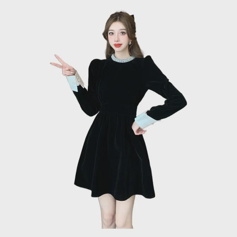 2024 French Velvet Dress with Beaded Design, Small Size, Slim Fit for Autumn and Winter