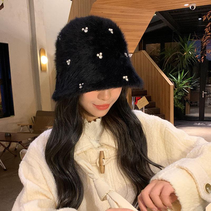 Rabbit hair beret female autumn and winter versatile sweet cute pearl flowers warm age-reducing painter hat big head circumference