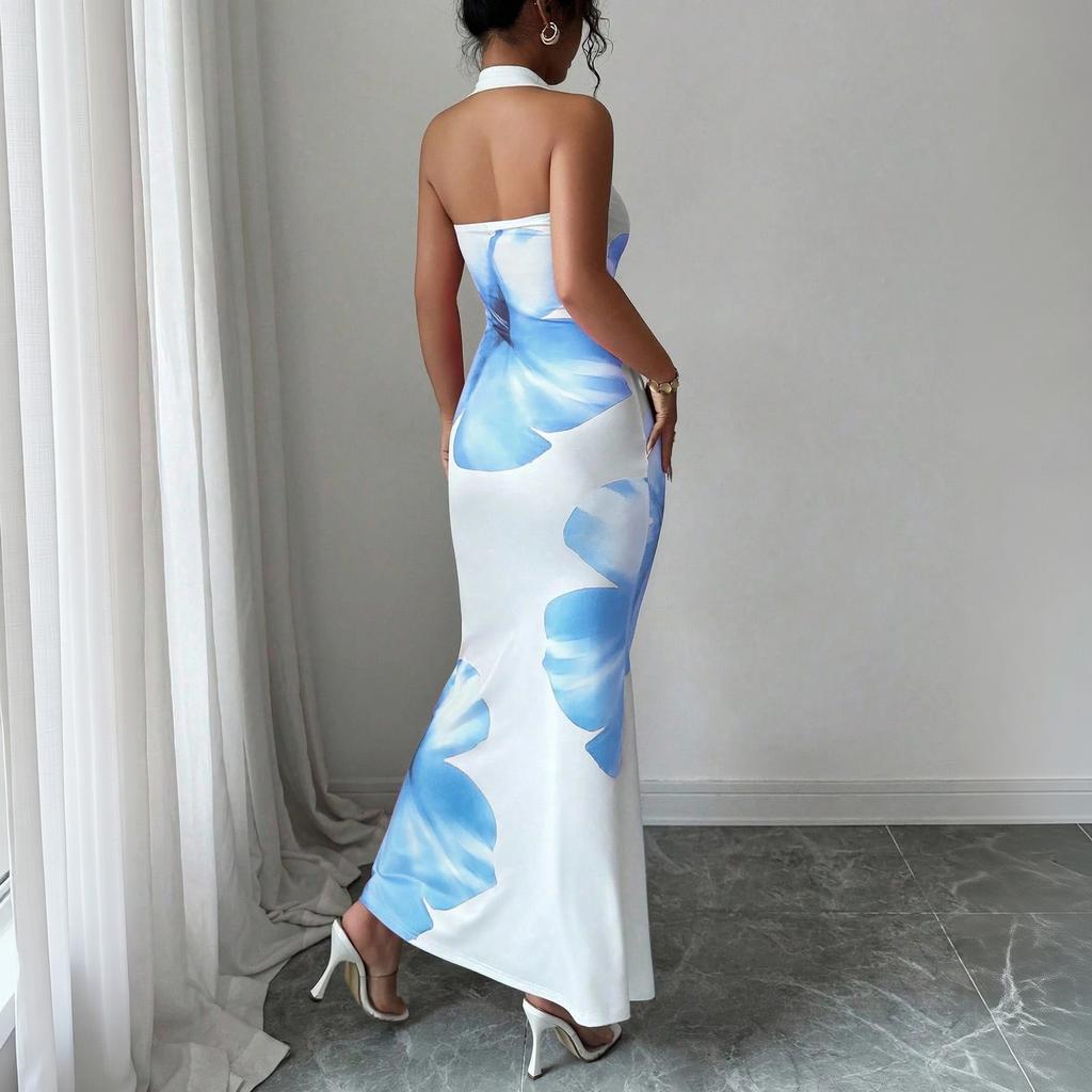 Women's Printed Backless Bodycon Maxi Dress for Summer Evening Parties