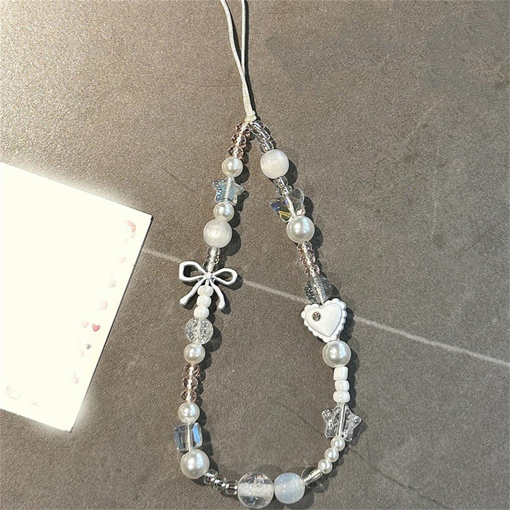 Ins Cute Rhinestone Love Heart Bow Pendant Beaded Mobile Phone Chain Wristband Camera Keychain For iPhone Bag Girl Hanging Rope