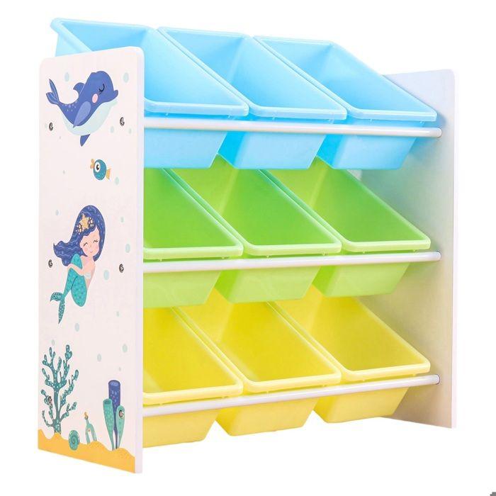 GINGER HOME – Organiseur jouets enfant 9 bacs plastiques, MDF/métal, motif Sirène, 62,3×26,5×60 cm
