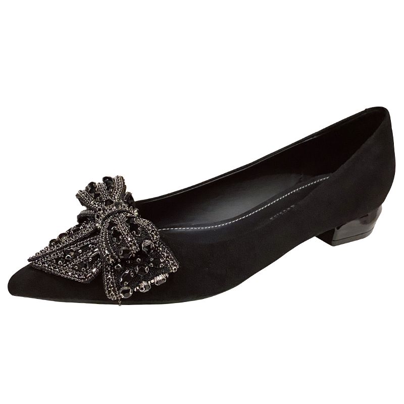 

Модная французская обувь с бантом из страз, черные туфли-лодочки, женская обувь на низком каблуке для женщин 2025, новая обувь с мелким вырезом, острым носком и толстым каблуком для работы 42 чёрный