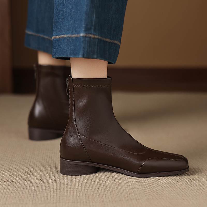 Krazing Pot Microfiber Winter Square Toe Modern Size 33 Boots Size 43 Concise Design Med Heels Zipper Women Ankle Boots