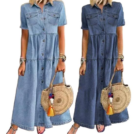 Frühling Sommer Jeanskleid Einfarbige Einreiher Langes A-Linien-Kleid für das Büro