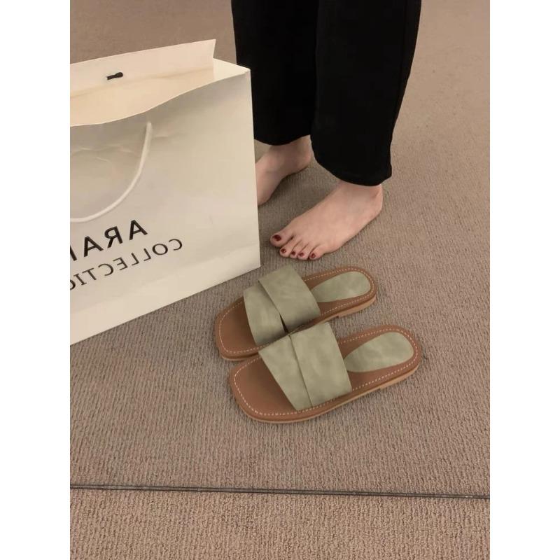 

2025 Нові літні ретро квадратний носок відкритий носок плоскі шльопанці для жіночого літнього плаття феєричний стиль морський відпочинок пляжні сандалі 40 світло-зелений колір