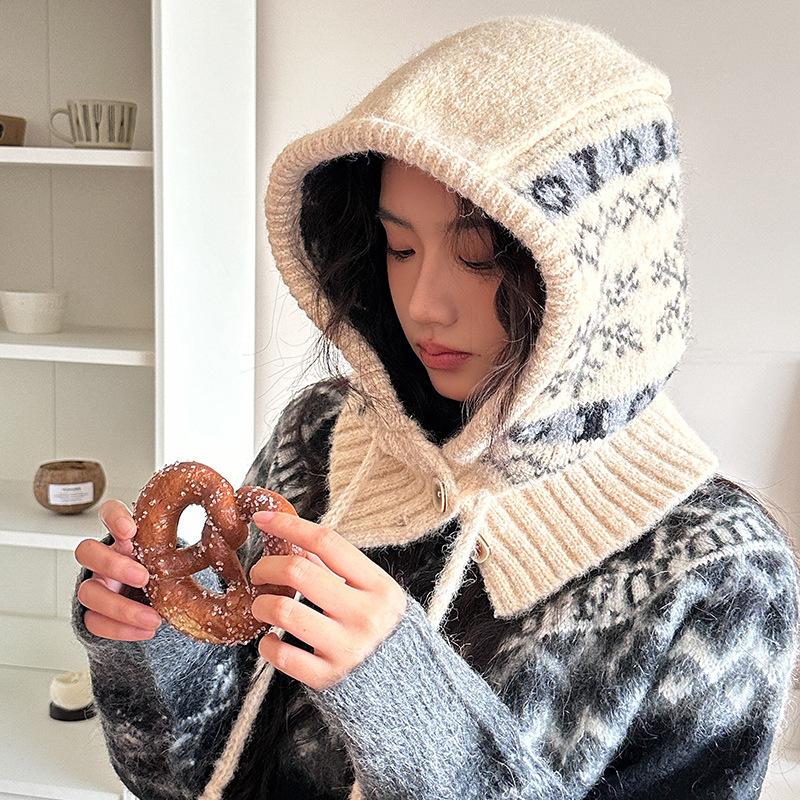 Snowflake Balaclava Hat for Women Autumn and Winter New Knitted Hat Warm Neck Scarf Integrated Ear Protection Woolen Hat