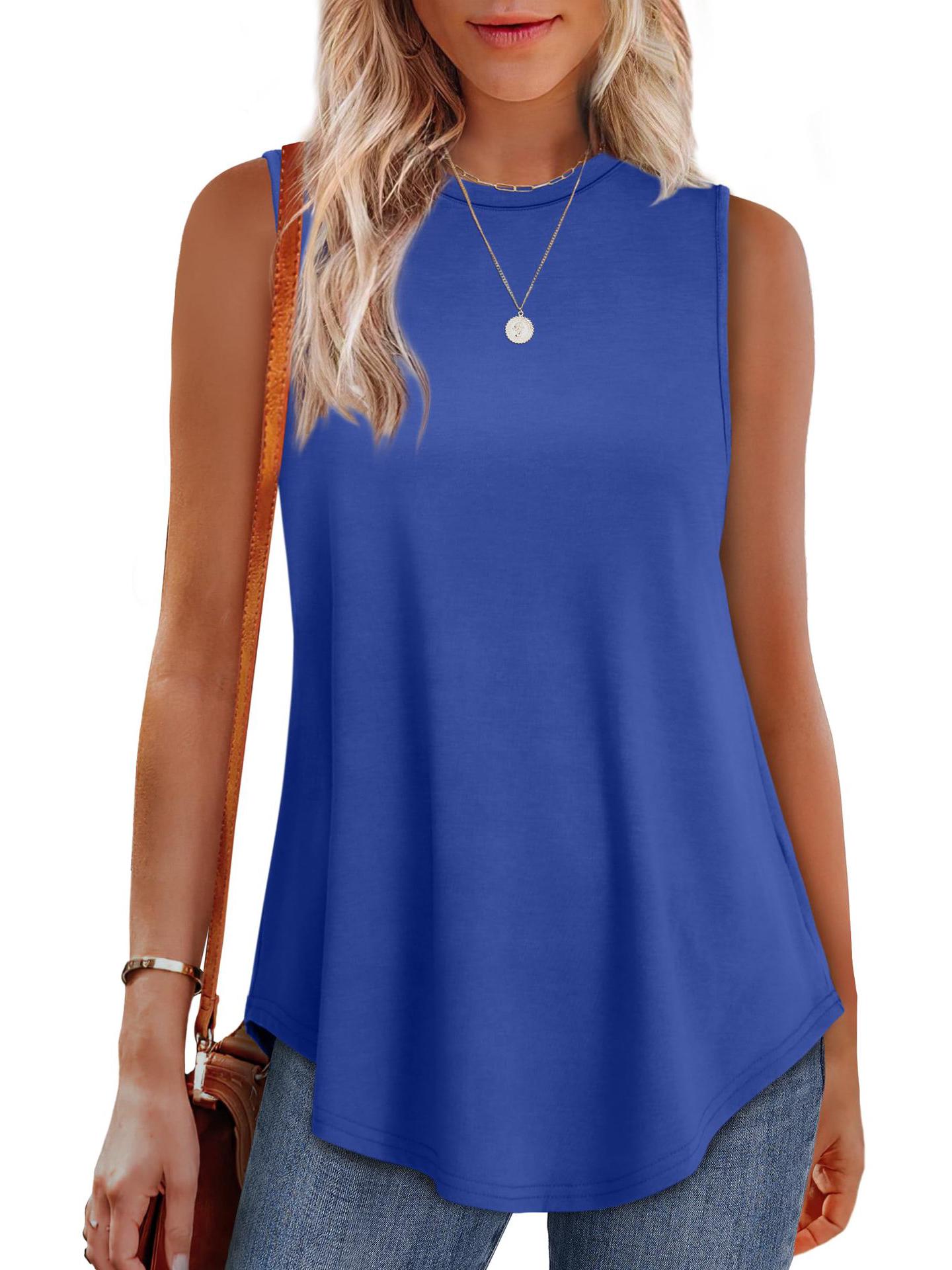 Spring Summer Solid Color Round Neck Sleeveless Loose Casual T-shirt Vest M синий