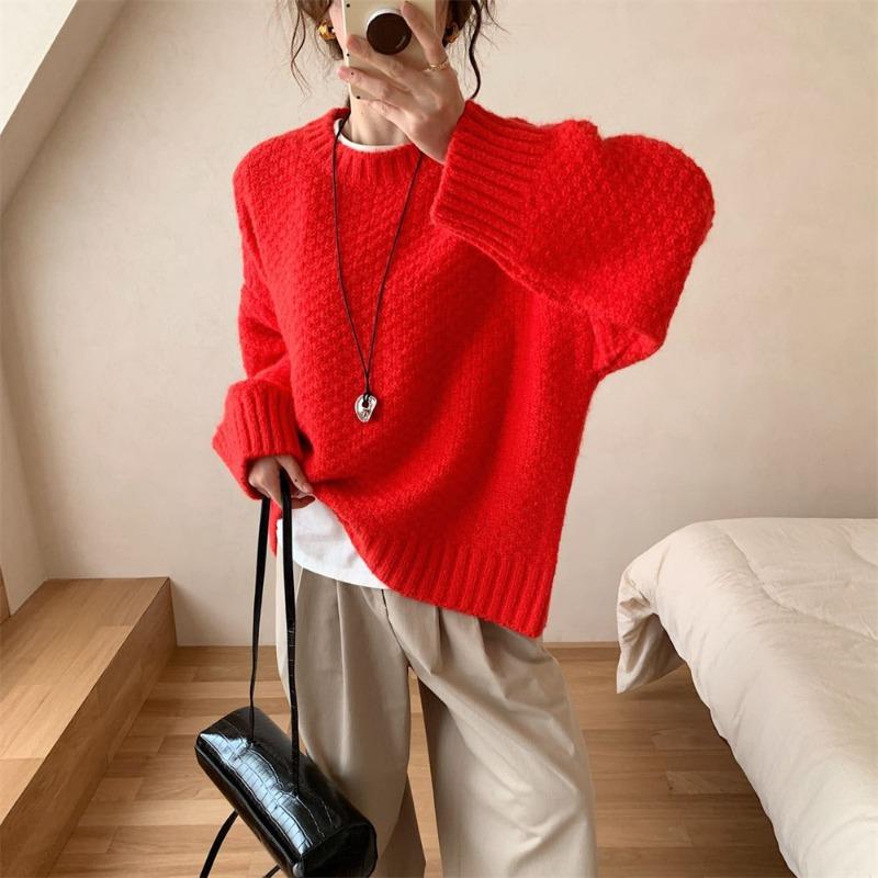 

Lazy wind round neck pineapple pattern sweater women s autumn and winter new gentle warm soft waxy pullover knitted sweater top wear average size червоний