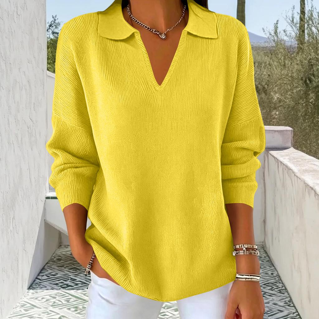 Women's Casual Knit Sweater with Lapel Collar Long Sleeve Color