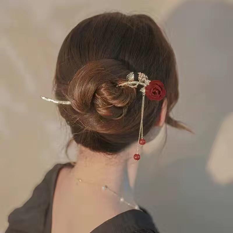 Vintage Rose Haar Sticks Hairwear Für Frauen Einfache Blume Rote Haarnadel Haar Zubehör Essstäbchen Scheibe Hairstick Kopfschmuck Schmuck