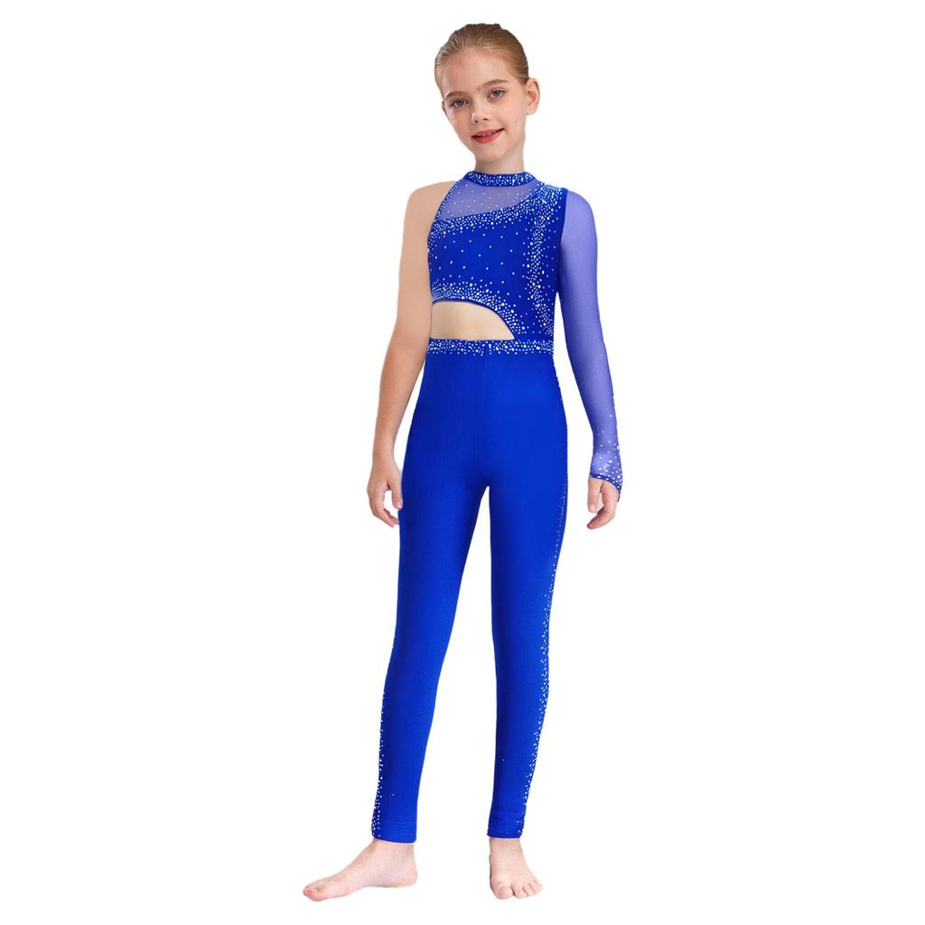 Girls Gymnastics Jumpsuit Sheer Mesh Patchwork Cutout Asymmetrical Design Mock Neck Sparkly Rhinestones Full Body Leotard