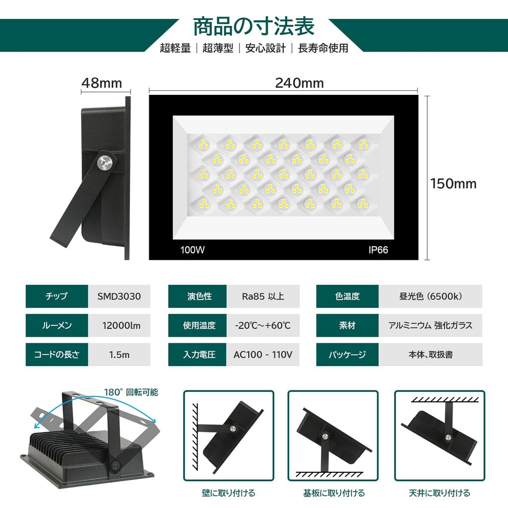 100W 12000LM LED Floodlight, IP66 Waterproof, Daylight White, 6500K, IndoorOutdoor Use, 100V Compatible, High Brightness, High Color Rendering (Ra85