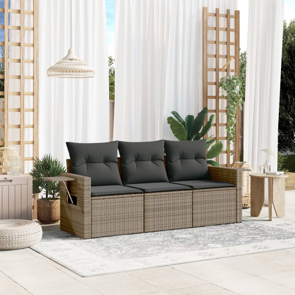 3 Piece Grey Outdoor Sofa Set with Cushions Poly Rattan