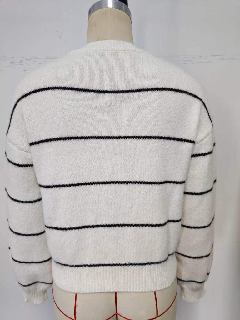 Women's Striped Crew Neck Sweater - Loose Knitwear, Long Sleeve Pullover for Autumn/Winter