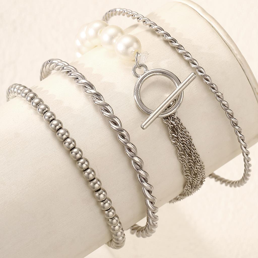 4Pcs Silver Color Bracelet Set For Women Fashion Pearl Beaded Chain Bracelet Trendy Boho Jewelry For Party Daily Wear Gift 2026
