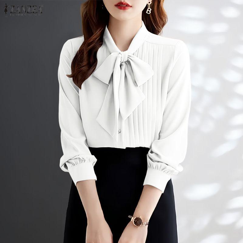 ZANZEA Women Casual Bows Round Neck Loose Long Sleeve Elegant Blouse