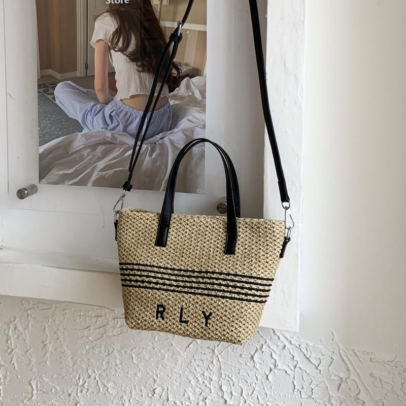 

Woven bag women s 2025 summer new fashionable large-capacity shoulder bag casual striped tote bag