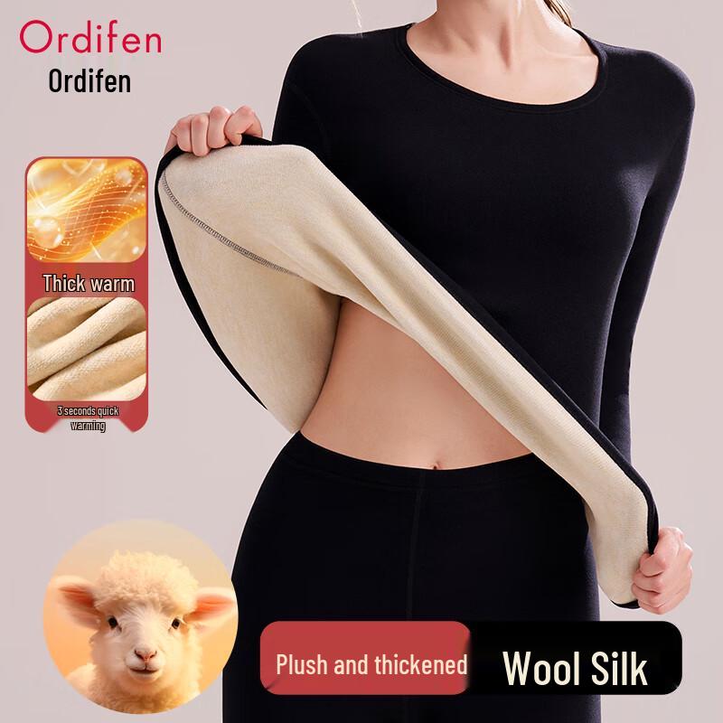 Oudifen Women's Thickened Wool Silk Thermal Underwear Set