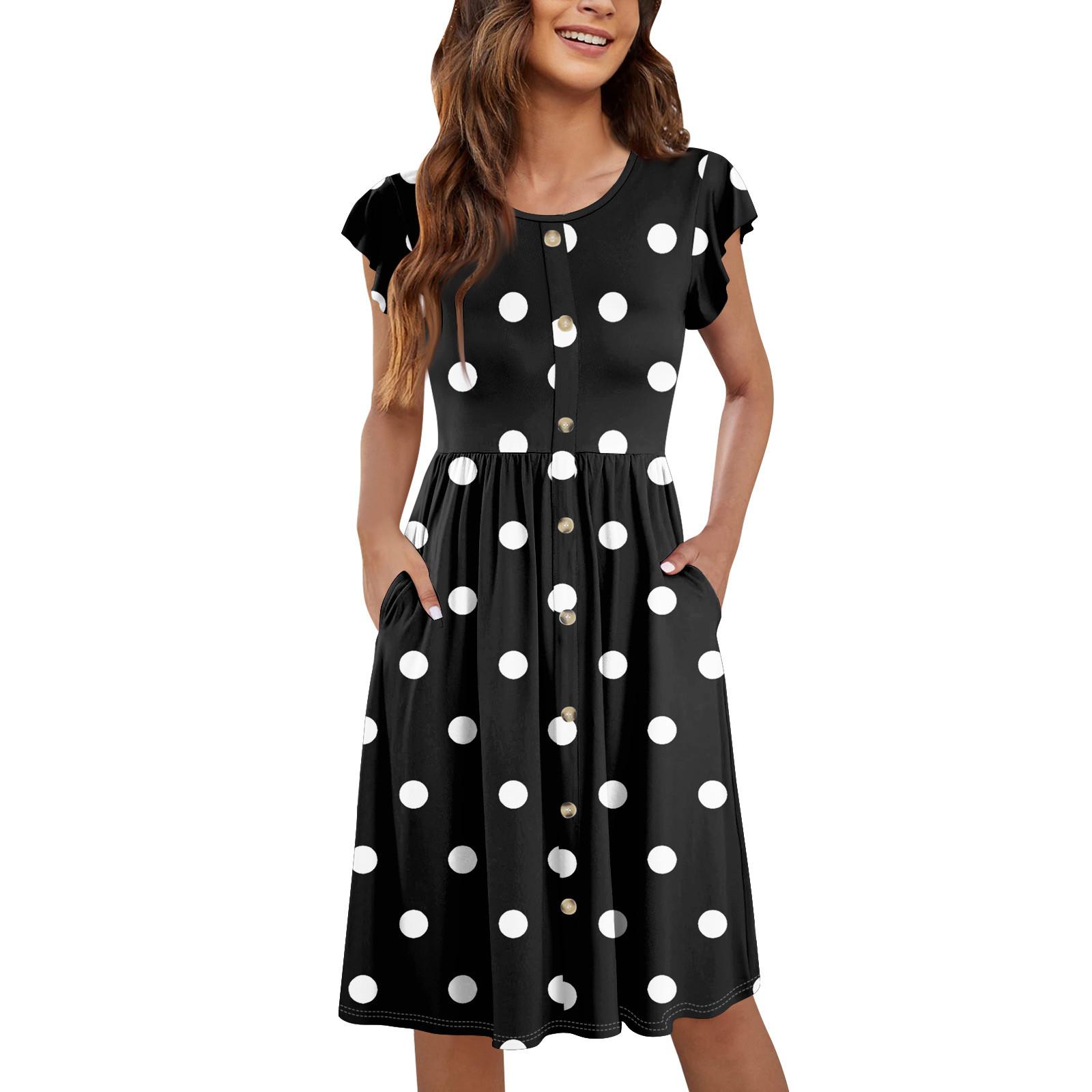 

Женские летние платья с круглым вырезом и рукавами-крылышками, повседневные свободные платья-миди с карманами на пуговицах и принтом XL чёрный