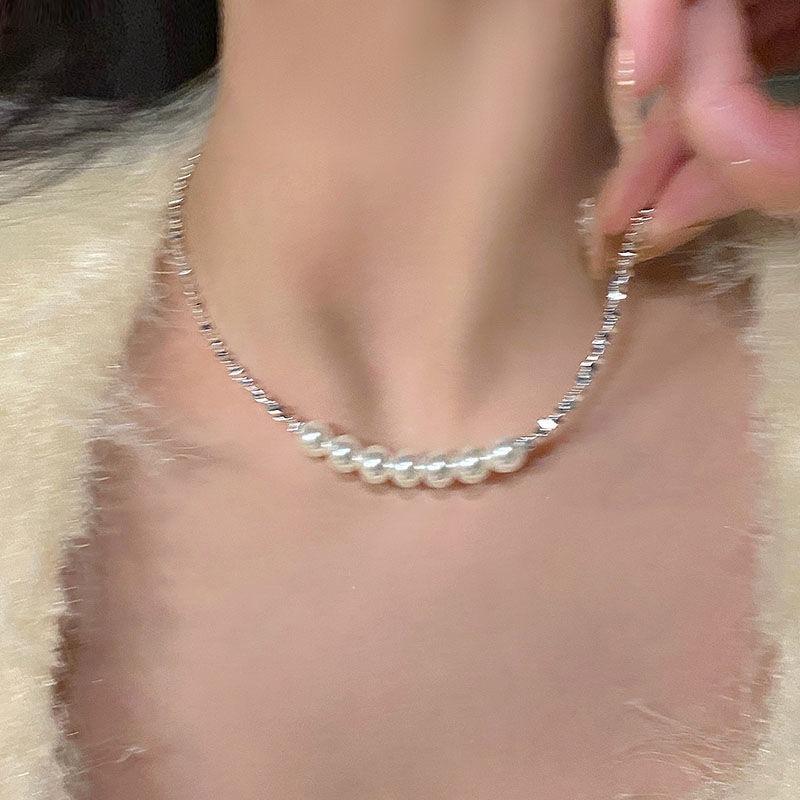 Broken silver splicing pearls stacked necklace women's design sense high-end choker neck chain niche temperament accessories