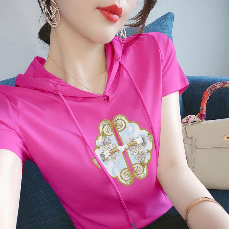 

100% Хлопковая толстовка с капюшоном в китайском стиле: Женская этническая футболка с коротким рукавом свободного кроя на лето L (100-110 jin) чёрный