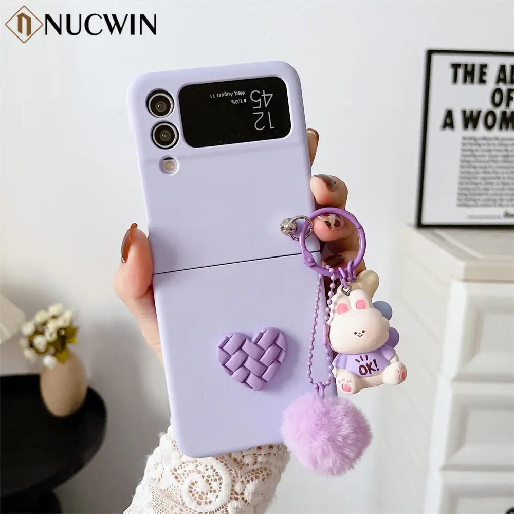 For Samsung Galaxy Z Flip 7 FE Cartoon Bear Love Heart Case For Samsung Z Flip 7 6 5 4 ZFlip 7 Hairball 3D Cartoon Pendant Cover