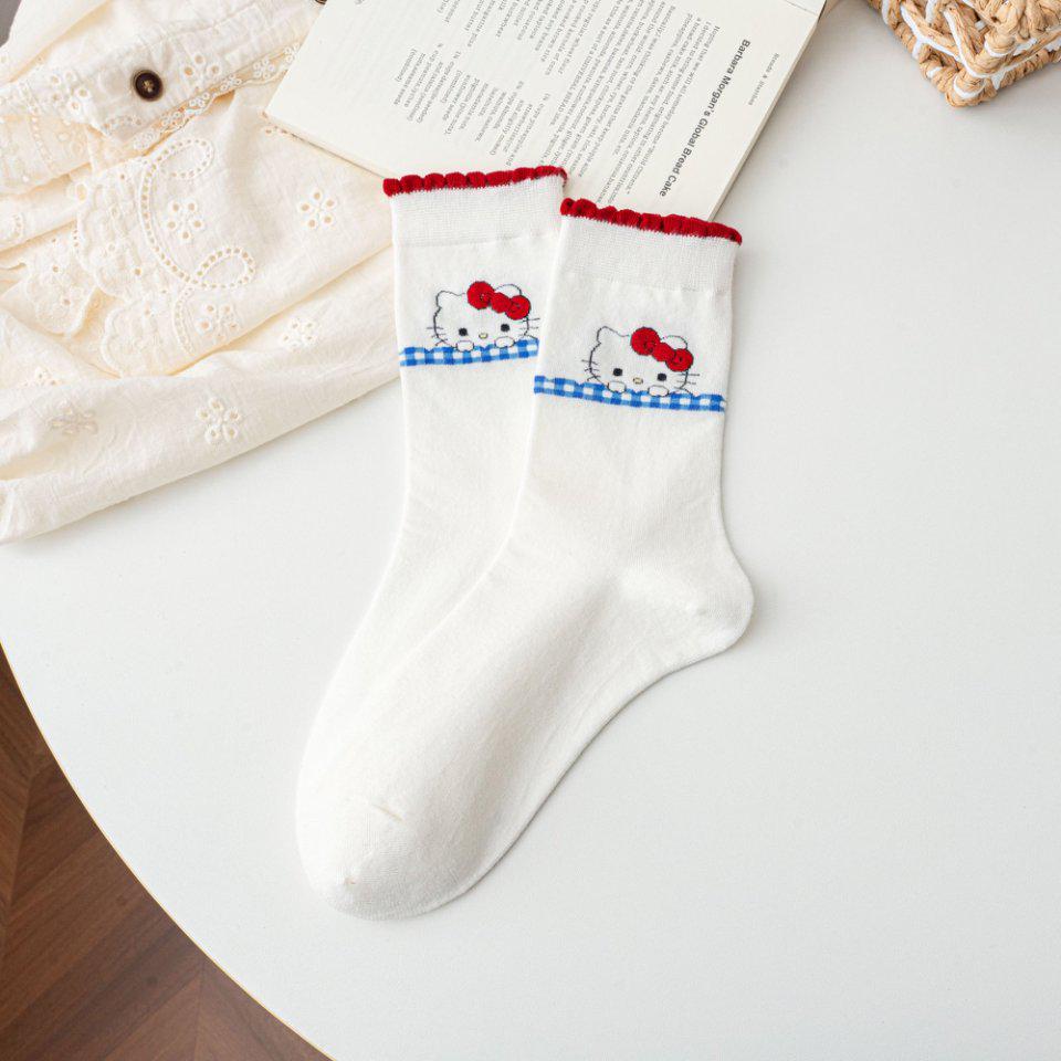Wood Ear Lace Bubble Mouth Kitten Mid-Calf Socks - Women's Cute College-Style Striped Socks