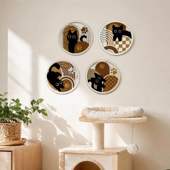 Creative Home Wall Embellishments 4Pcs Wooden Cat Decor, 2D Flat Geometric Hollow Art Prints Minimalist Pet Decor Art, Modern Hanging Signs for Living