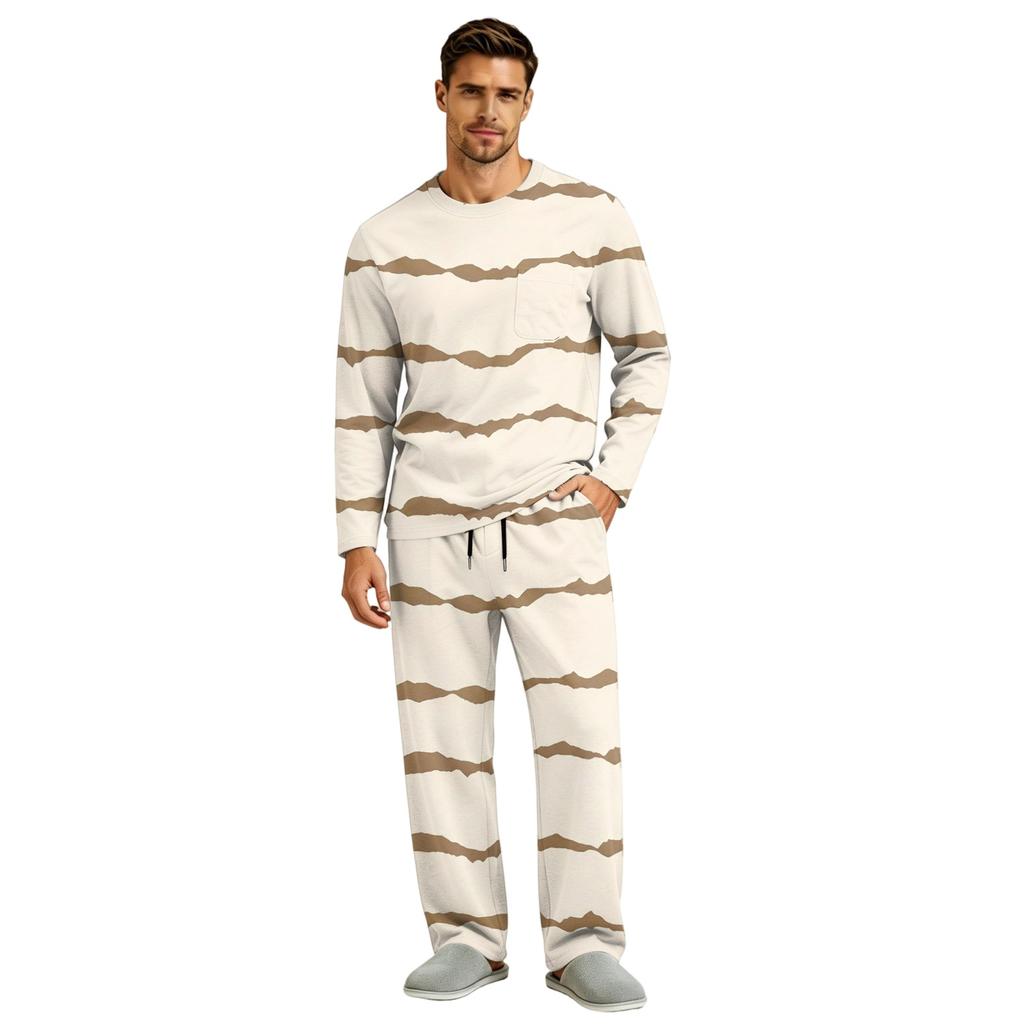 Men's Pajama Set Long Sleeve Top and Long Pants with Button Crotch and Elastic Drawstring Waist for Home Loungewear