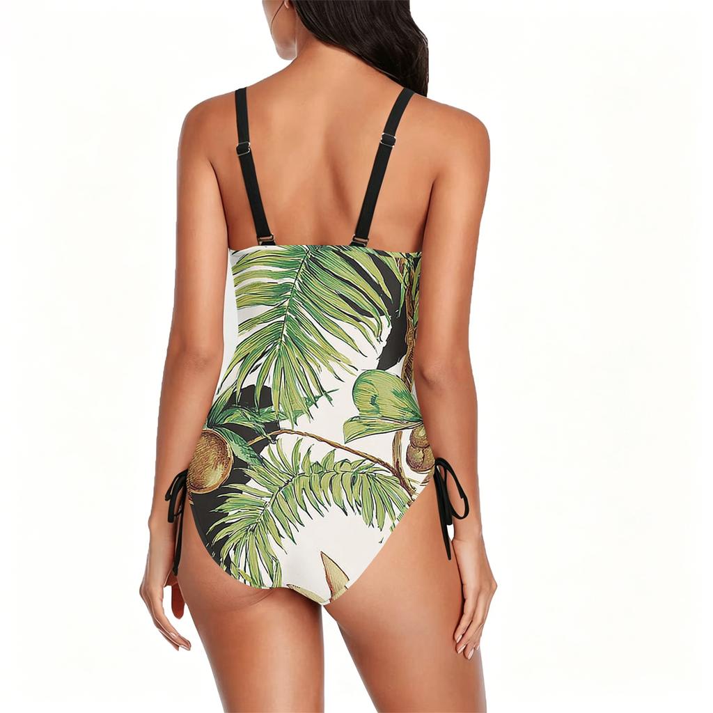 Swimsuit for Women Scoop Neck Adjustable Side Tie Bathing Suit with Tropical Floral Print Pattern Beachwear