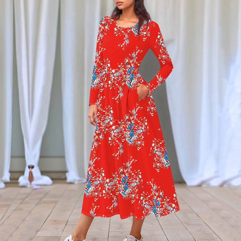 Dámské květinové šaty midi boho s přechodovým potiskem ležérní šaty s dlouhým rukávem splývavé, splývavé šaty s svátečními šaty do kapsy pro ženy