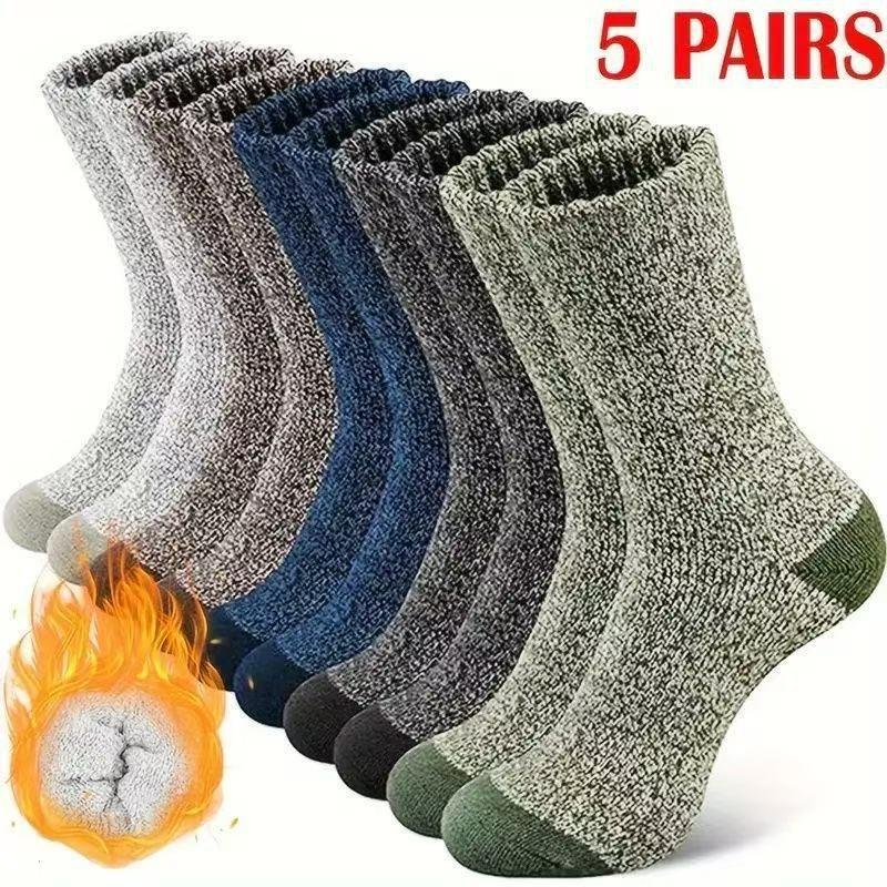 5Pairs Men's Thermal Winter Socks Thickened Mid-Calf Crew Socks Warm Comfortable Long Sock Outdoor Climbing Cold Weather Sox