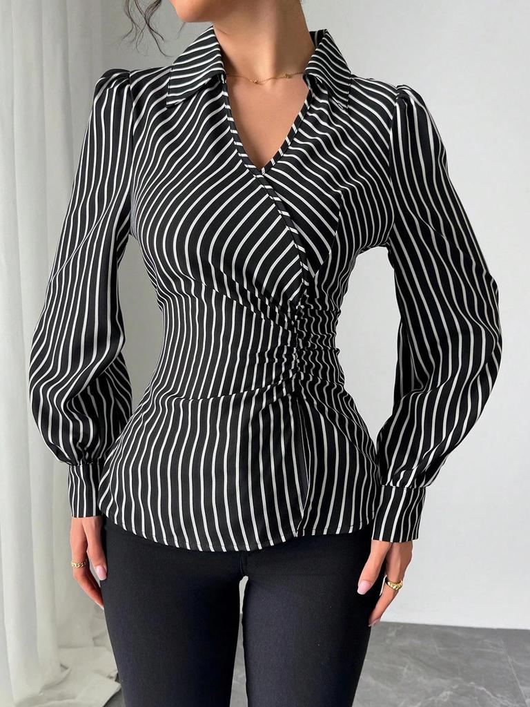 Women's Striped Slit Tie-Waist Long-Sleeve Shirt