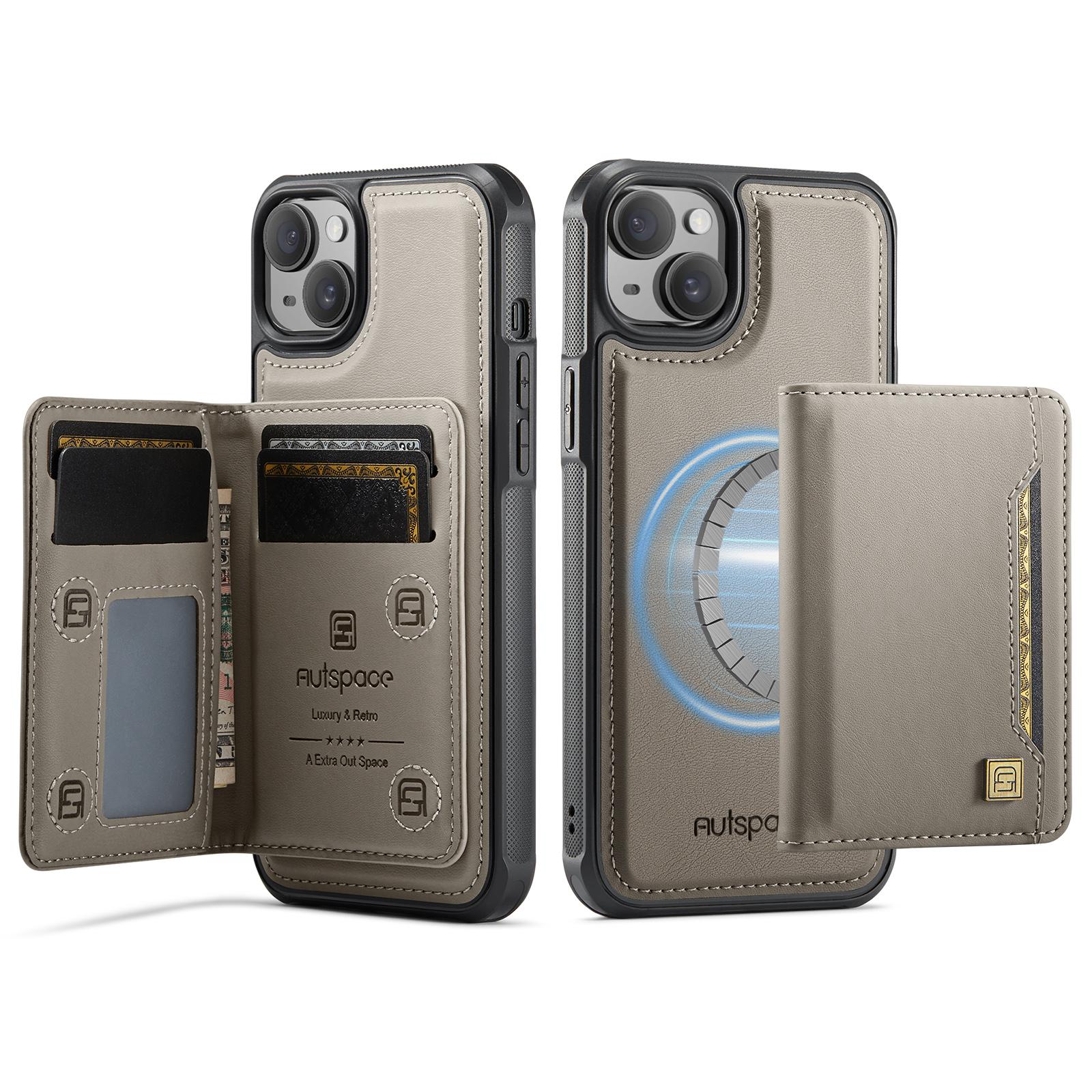 

Для iPhone 15 Чехол AUTSPACE A13 Винтажная Кожаная Задняя Крышка с Магнитным Съемным Отделением для Карт Grey