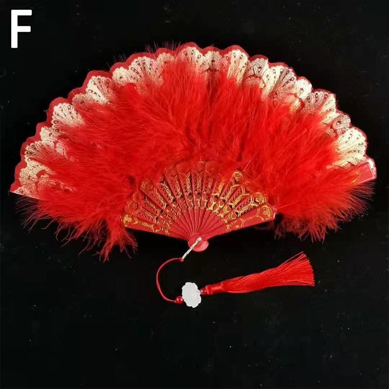 Lolita Feather Folding Fan Japanese Sweet Fairy Girl Dark Gothic Court Dance Hand Fan with Pendant Wedding Party Decoration