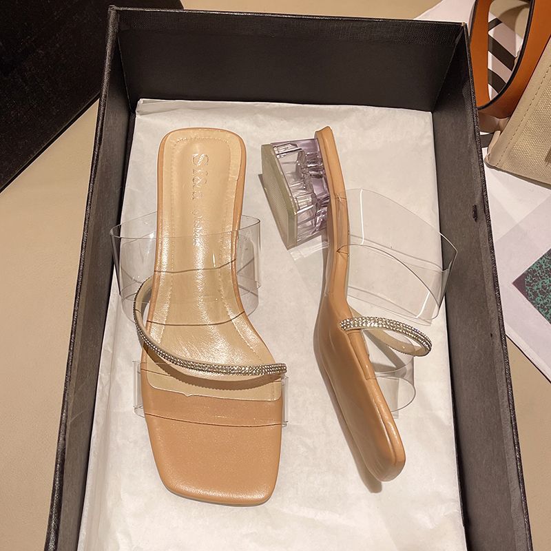 Fairy Wind Transparent Sandals Internet Celebrity 2025 Summer New Rhinestone Square Head Middle Heel Sandals Casual Wear Cool Slippers