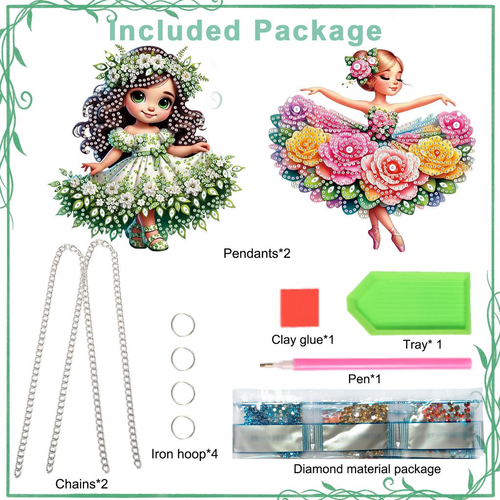 2Pcs Girl Theme 2D/Flat DIY Rhinestone Diamond Art Window Pendants Crystal Painting Ornament Window Hanging Art for Home Decor