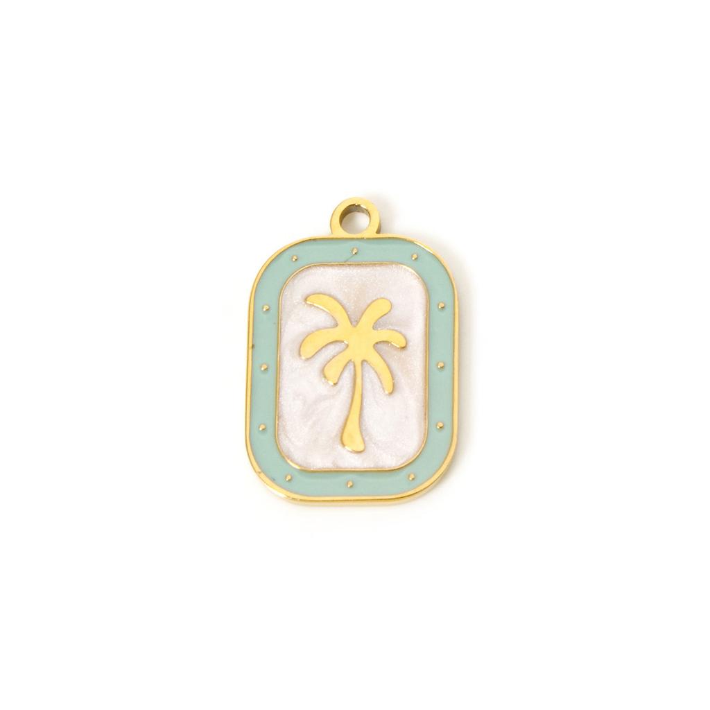 304 Stainless Steel Flora Charms 18K Gold Plated Rectangle Coconut Palm Tree Enamel Pendant DIY Necklace 20mm x 13mm, 2 Pcs