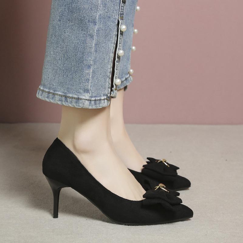 Black High Heels, Slim Heels, 2025 New Suede Pointed Temperament Women's Shoes, Rhinestone French Style Girls' Single Shoes