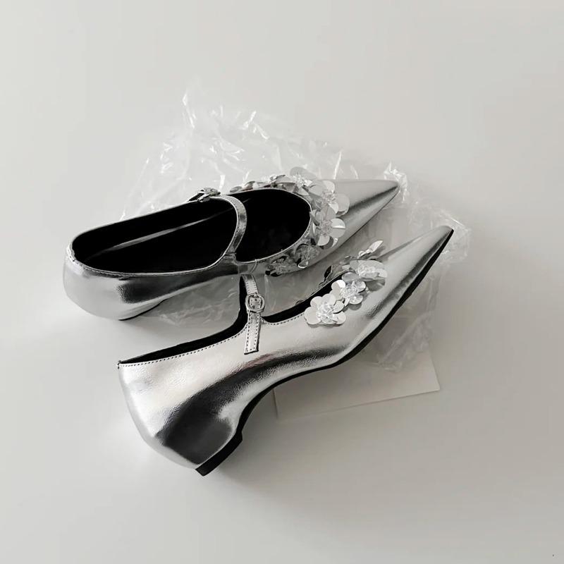 Pointed Silver Sequined Flower Mary Jane Women's Shoes One-word Buckle with Shallow Mouth Inner Height Increase Single Shoes