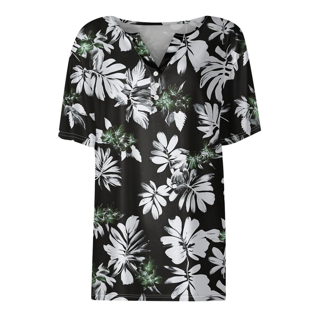 Women's T Shirt Tee Print Button Short Sleeve Daily Weekend Fashion Basic V- Neck Regular Top