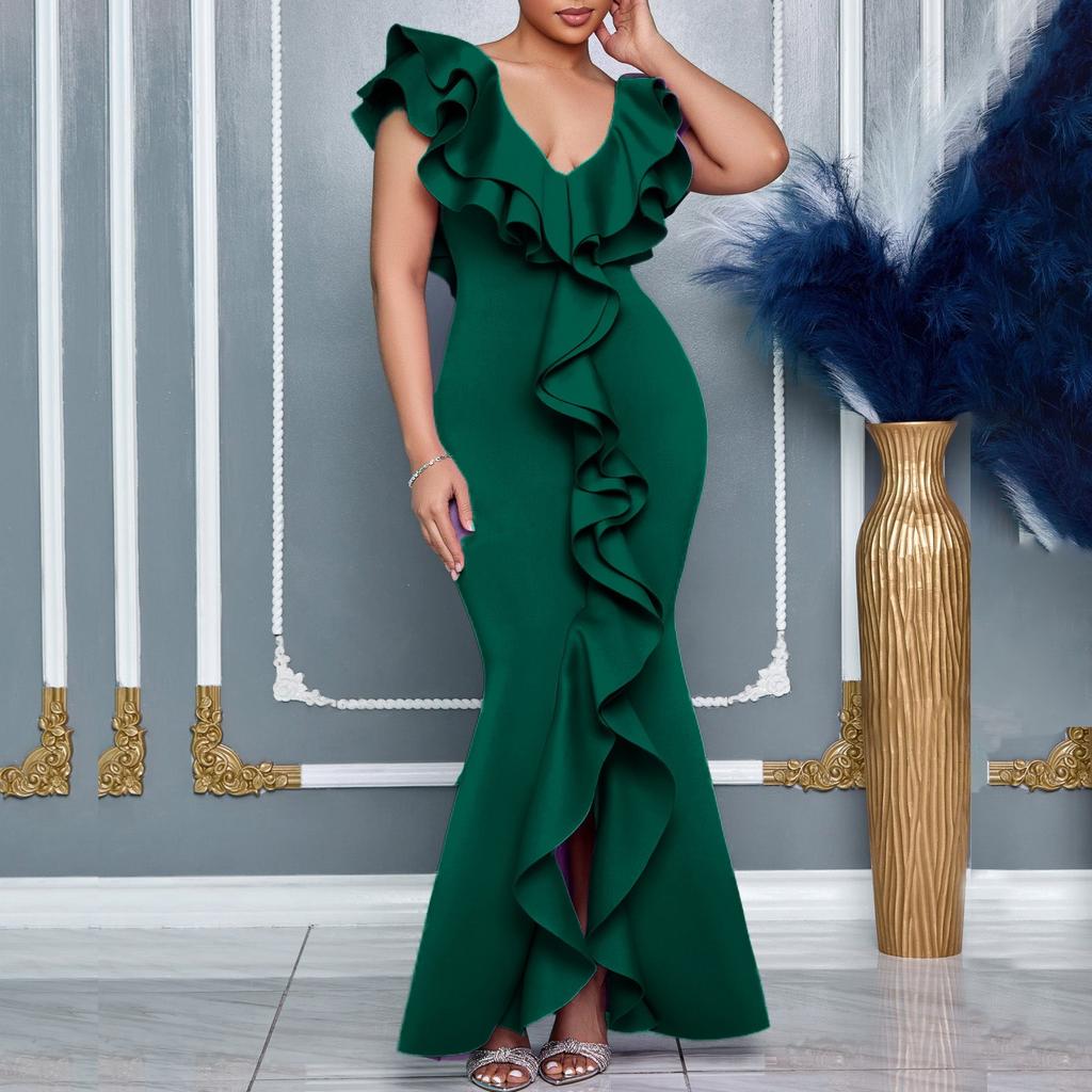 C8634 European and American Cross-border Fashion Women's Clothing Amazon Summer Dress Solid Color V-neck Ruffle Edge Split Harpoon Tail Skirt Long 