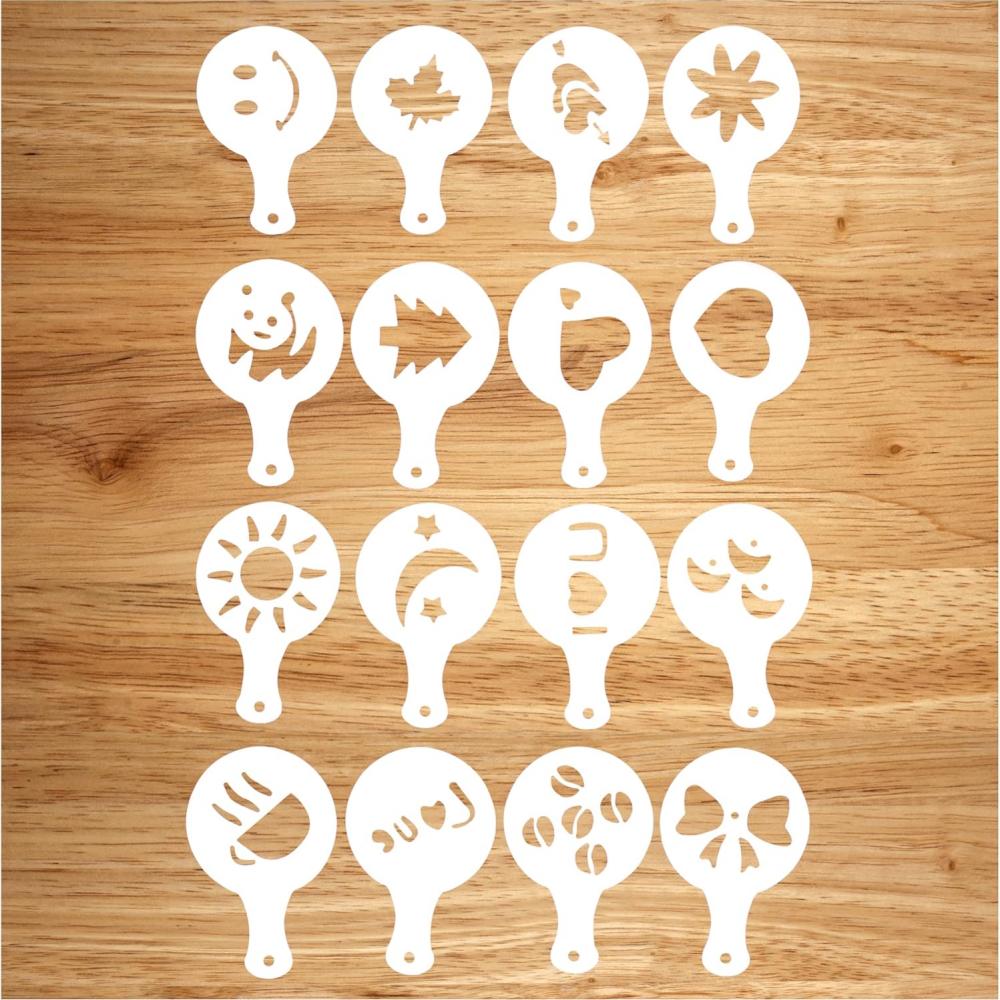 Kaffee-Kunstvorlagen, 16 Stück zur DIY-Dekoration erhältlich, flexibel und waschbar, geeignet für Dekorationsvorlagen für Lattes