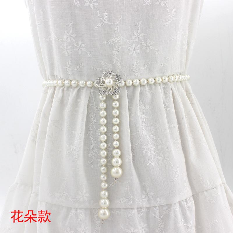 Mei Mary Women's korean style sweet bow dress with pearl waist chain - ladies' fashion decorative slim belt