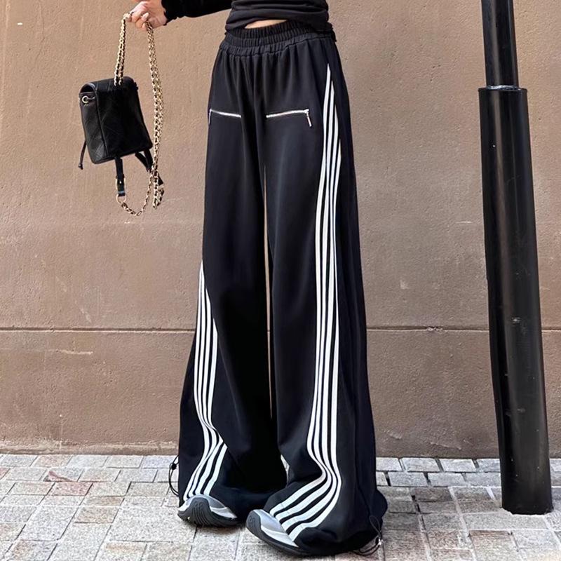 Women's Embroidered Striped Sweatpants - Spring/Autumn 2025 Trendy American Wide-Leg Floor-Length