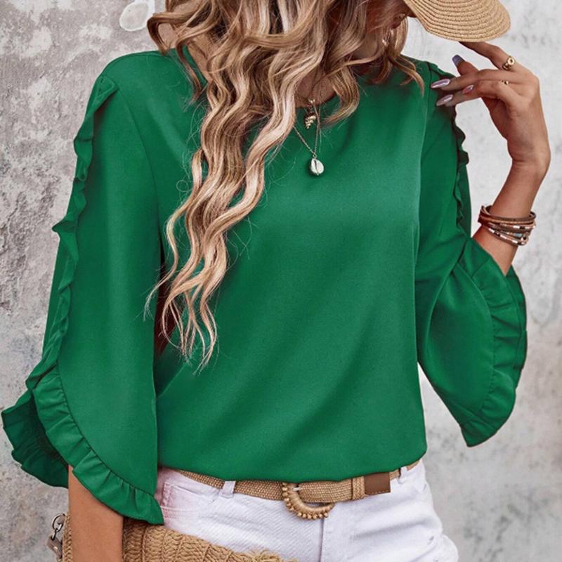 Ladies Summer Ruffles Half Sleeve Solid Color Pullover T Shirt Top